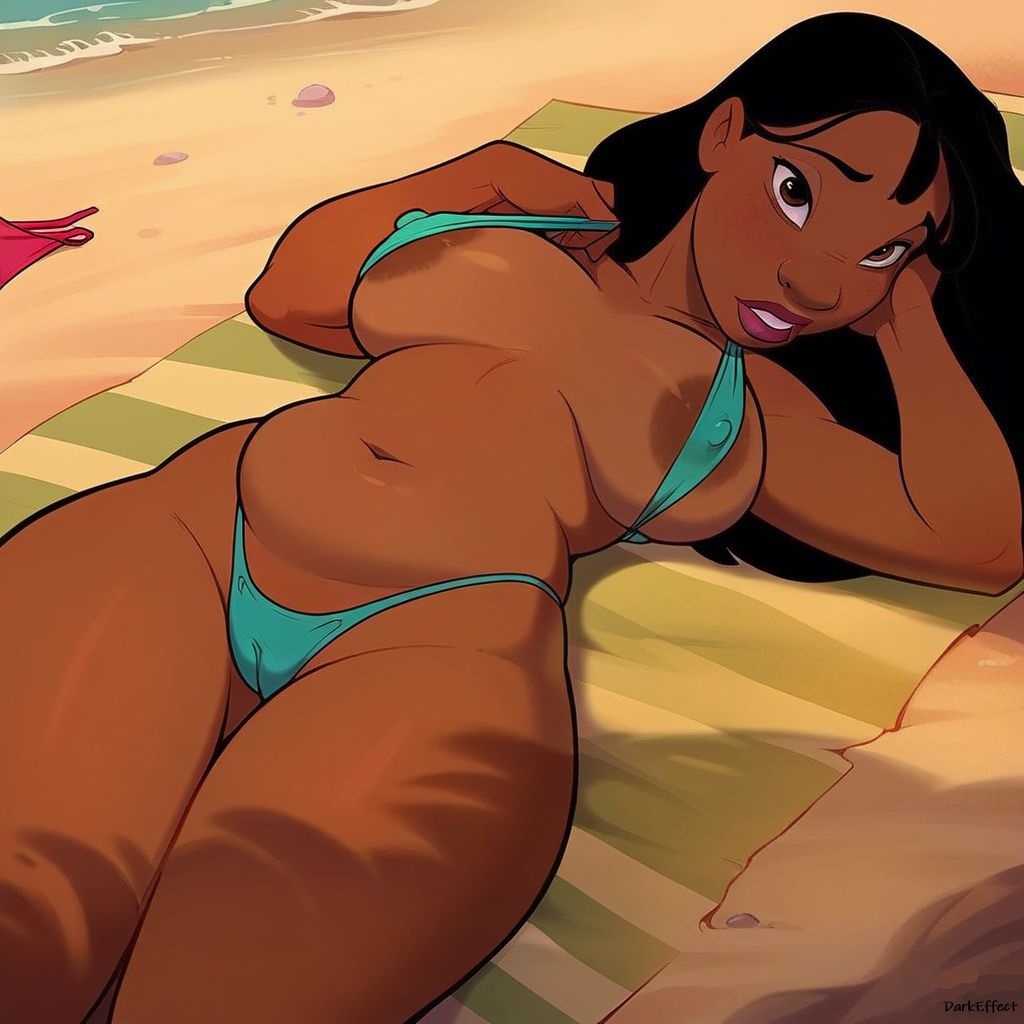 1girls ai_generated areolae beach beach_towel belly black_hair blush breasts brown_eyes darkeffect female_only hawaii lilo_and_stitch lips looking_at_viewer nani_pelekai nipple nipple_bulge ocean open_mouth plump_lips pussy_outline saggy_breasts sand wide_hips