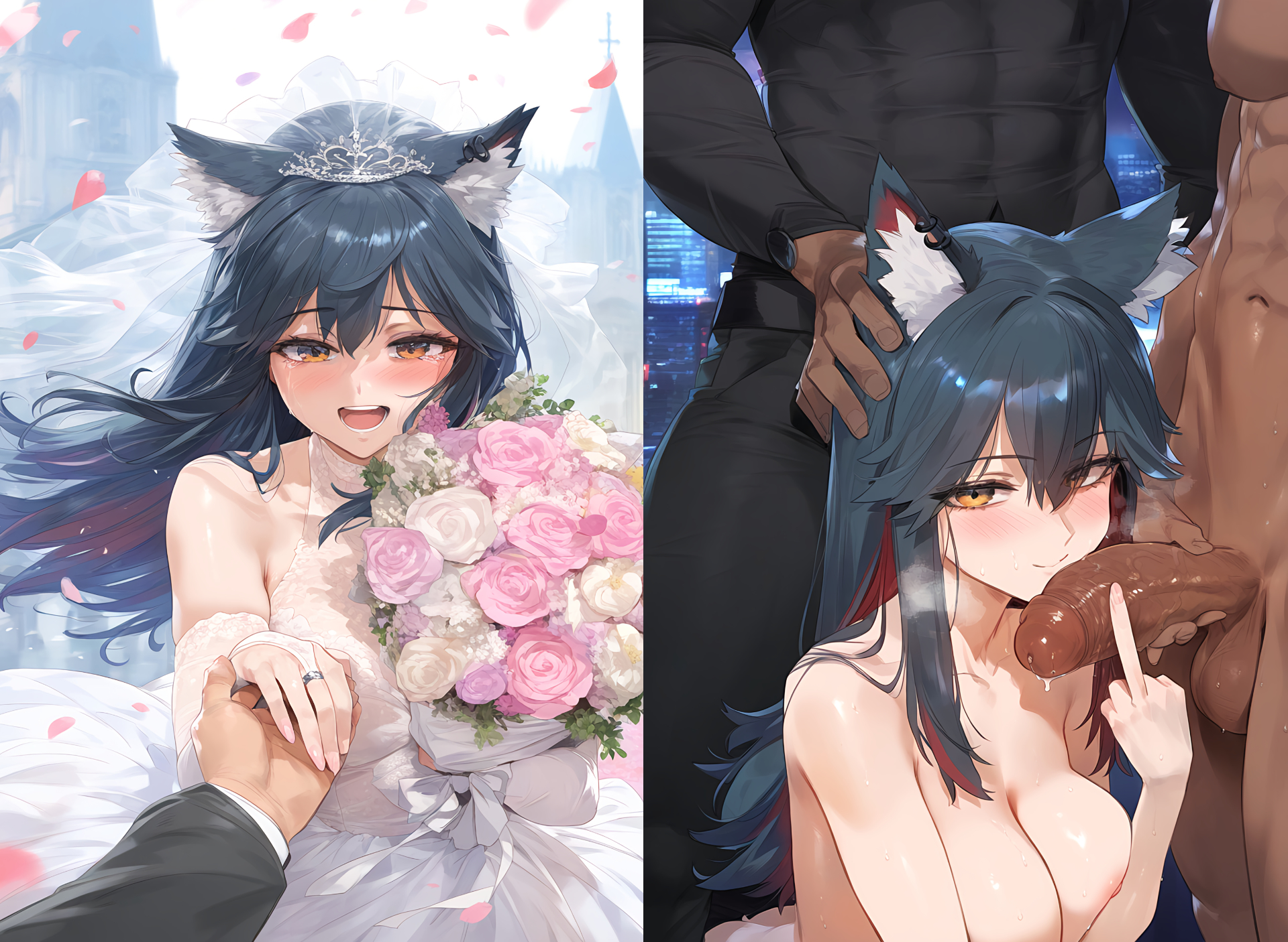 1girls, 2boys, ai generated, animal ears, arknights, black hair, blush, cheating, cheating on wedding day, cock worship, cuckold, dark skin, dark-skinned male, female, lewdqueen, looking at viewer, male, netorare, ntr, penis, smile, tagme, texas (arknights), wedding dress, wedding veil, yellow eyes