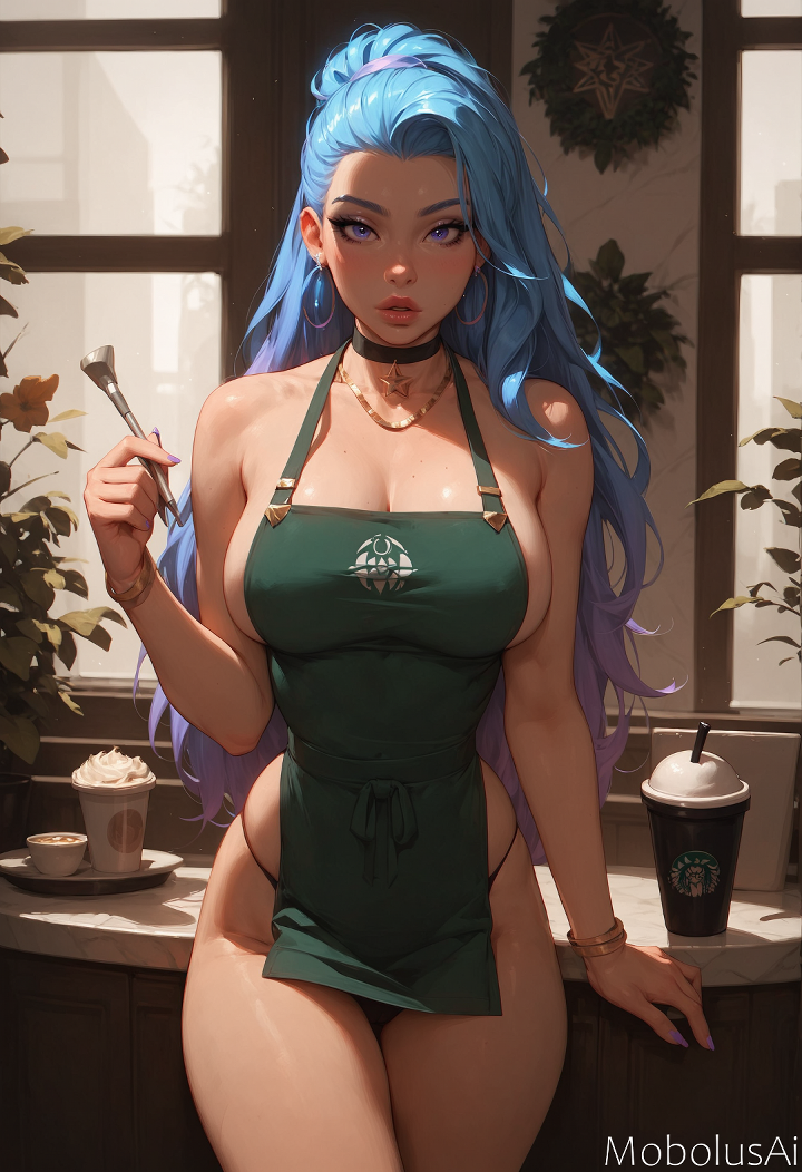 ai_generated alternate_costume apron ass blue_eyes blue_hair breasts creampie female huge_breasts k/da_all_out_seraphine k/da_all_out_series league_of_legends mobolusai riot_games seraphine_(league_of_legends) starbucks