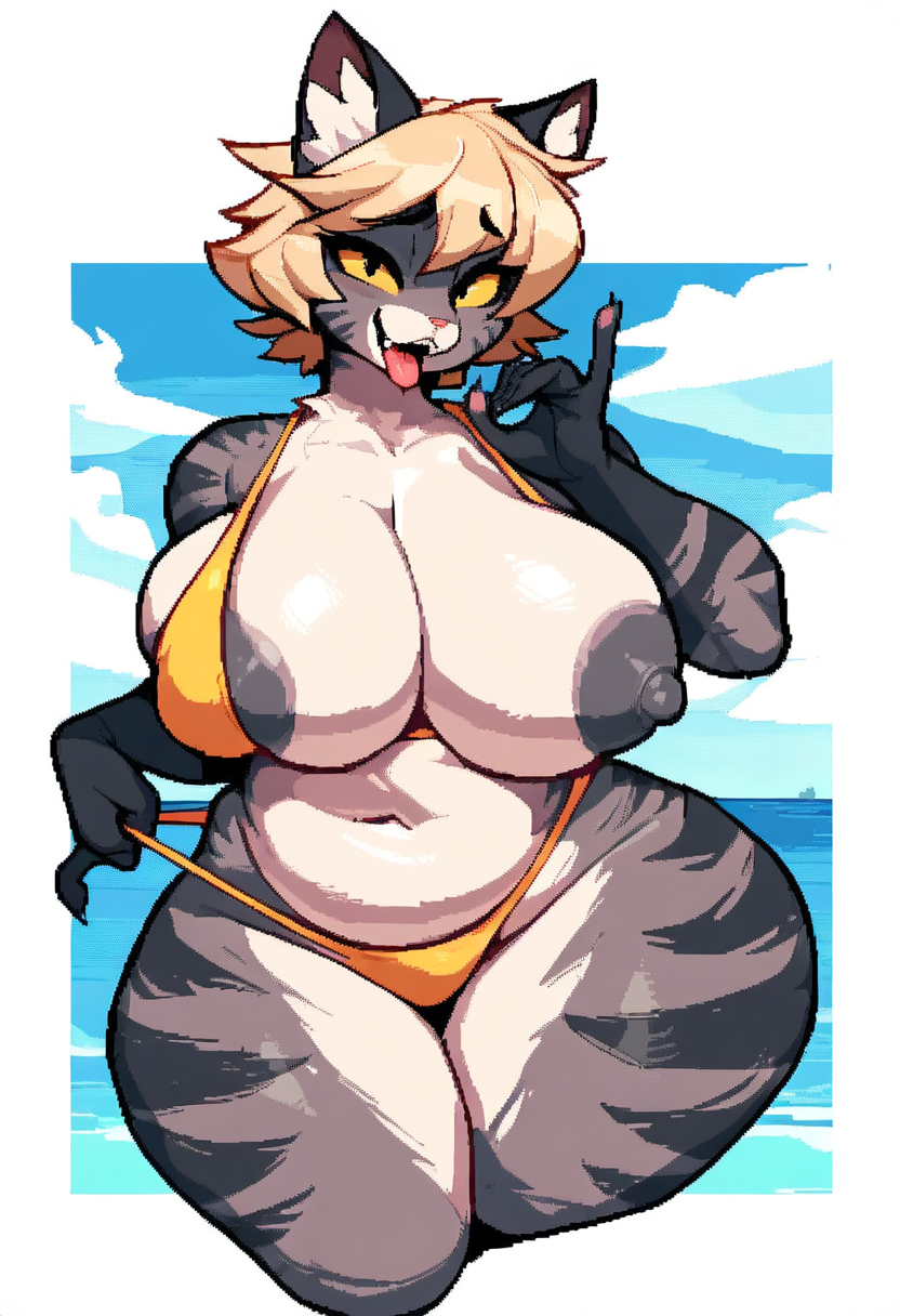 ai_generated beach big_ass big_breast big_butt bikini blonde_hair cellulite curvaceous feline female furry furry_female gray_fur nipples oc original original_character penetration seductive short_hair sweating tail