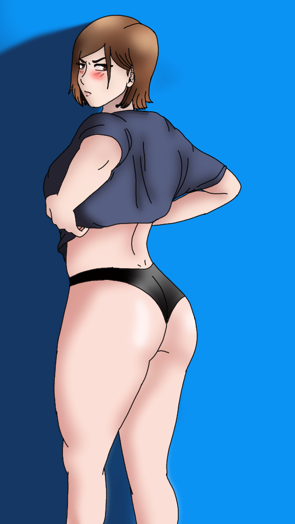 1girls artist_name big_ass blue_background female female_only human jujutsu_kaisen kugisaki_nobara no_pants painlav pornography s shirt solo underwear