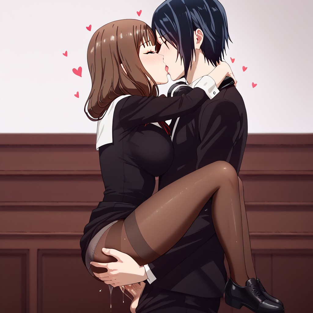 1boy 1girls ai_generated black_dress black_hair brown_hair carrying closed_eyes grabbing_ass heart_symbol hug iino_miko ishigami_yu kaguya-sama_wa_kokurasetai_~tensai-tachi_no_renai_zunousen~ kissing pantyhose school_uniform stand_and_carry_position standing standing_sex straight uniform