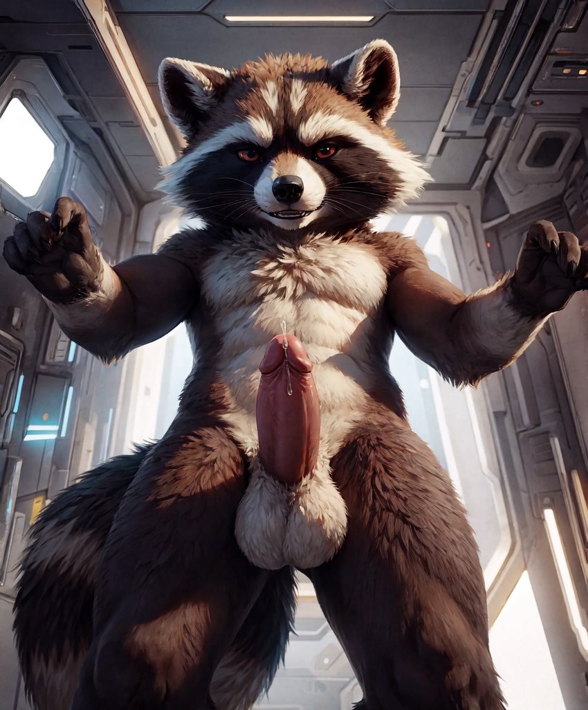 ai_generated anthro balls black_fur black_nose bodily_fluids body_hair brown_eyes brown_fur chest_tuft detailed_fur erect_penis erection foreskin furry furry_only genital_fluids hi_res inside looking_at_viewer male male_only mammal marvel marvel_comics nude penis precum procyonid raccoon rocket_raccoon smile smiling_at_viewer solo solo_male spacecraft_interior teeth tuft whiskers white_furb