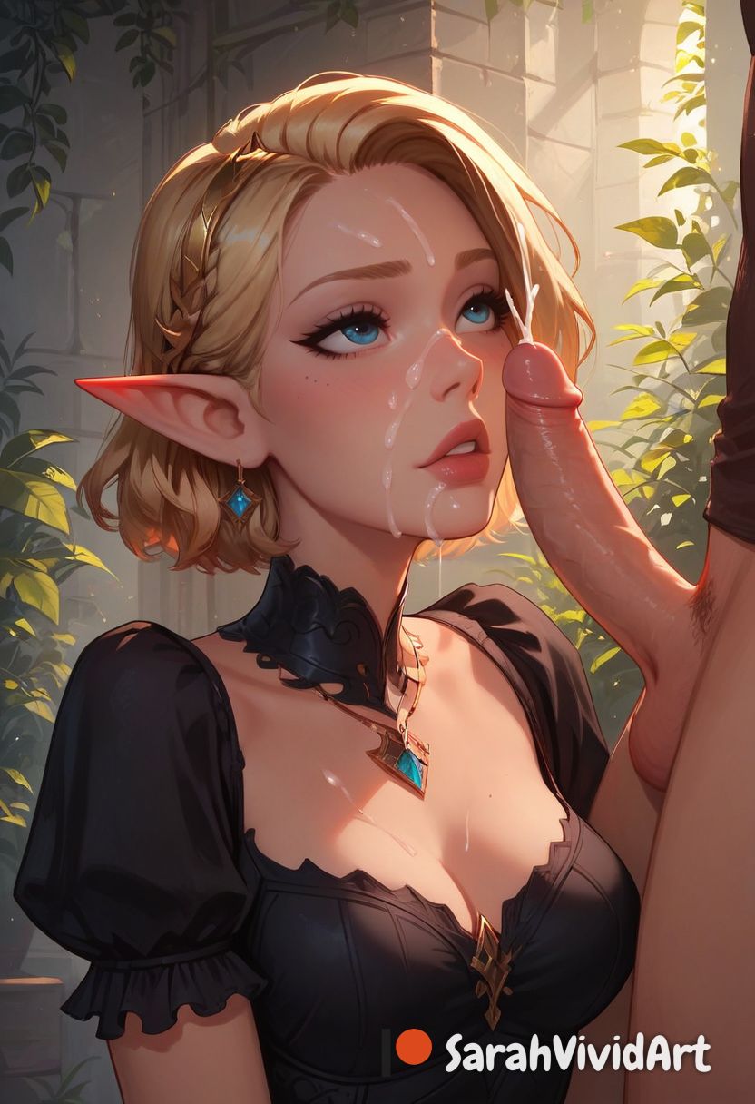 1boy, 1girls, after oral, ai generated, black dress, blonde hair, blush, breasts, collar, cum, cum in mouth, cum on body, cum on breasts, cum on face, cumshot, dress, ejaculation, elf, elf ears, elf female, elf girl, facial, fellatio, female, female focus, from below, indoors, inside, kneeling, large penis, long penis, looking up, male, oral, original, original character, penis, penis on face, petite, petite body, petite female, princess, royalty, sarahvividart, seductive, semen, shiny skin, short hair