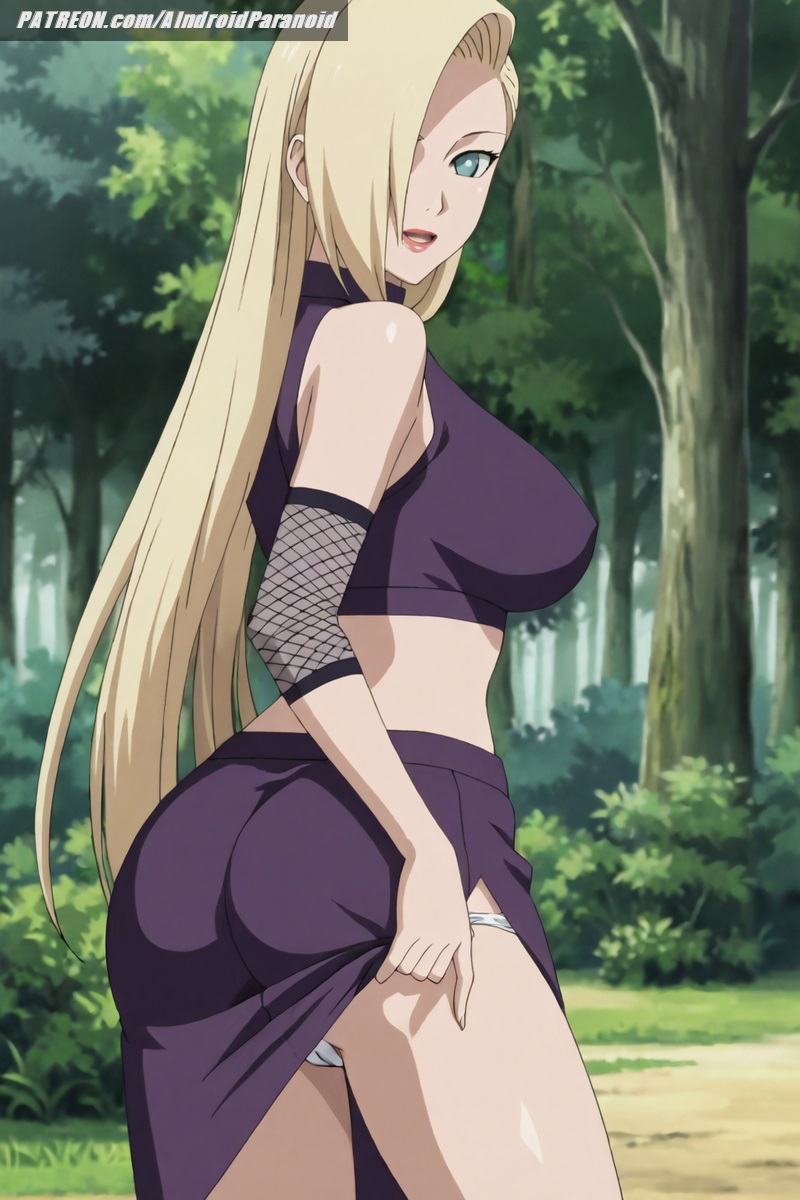 ai_generated aindroidparanoid ass ass_focus big_ass big_breasts blonde_hair boruto:_naruto_next_generations breasts busty cameltoe female female_only fishnet fishnets forest from_behind green_eyes hips huge_breasts ino_yamanaka large_breasts long_hair naruto naruto_(classic) naruto_(series) naruto_shippuden ninja nipples one_eye_covered outdoors panties pulling_up_dress sexy smile stable_diffusion straight_hair wide_hips