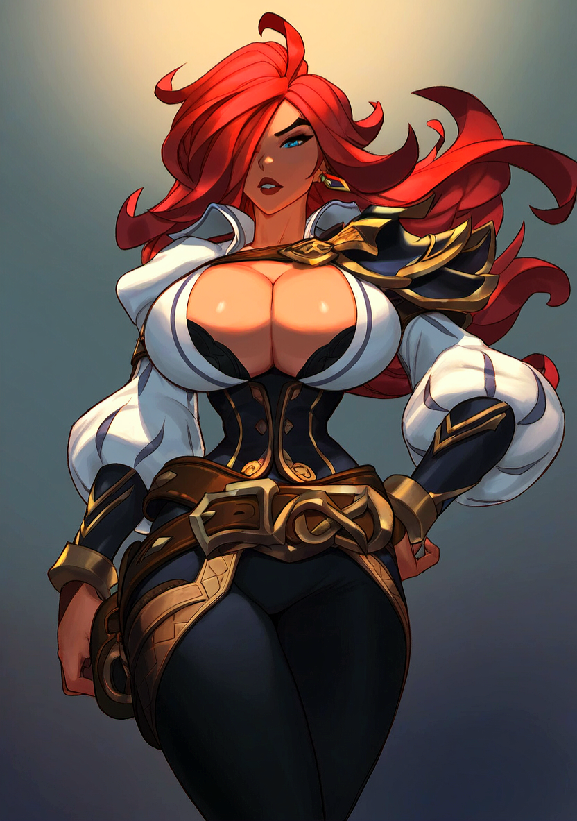 1girls ai_generated alternate_costume big_breasts black_bra blue_eyes breasts breasts_bigger_than_head child_bearing_hips cleavage clothed_breasts clothed_female corset earrings female female_focus female_only hand_on_hip hourglass_figure huge_breasts huge_cleavage large_breasts league_of_legends light-skinned_female light_skin long_hair looking_at_viewer miss_fortune narrow_waist red_hair riot_games round_breasts sarah_fortune simple_background solo solo_female solo_focus thick_thighs thin_waist tight_cleavage tight_clothing tight_corset tight_pants wide_hips