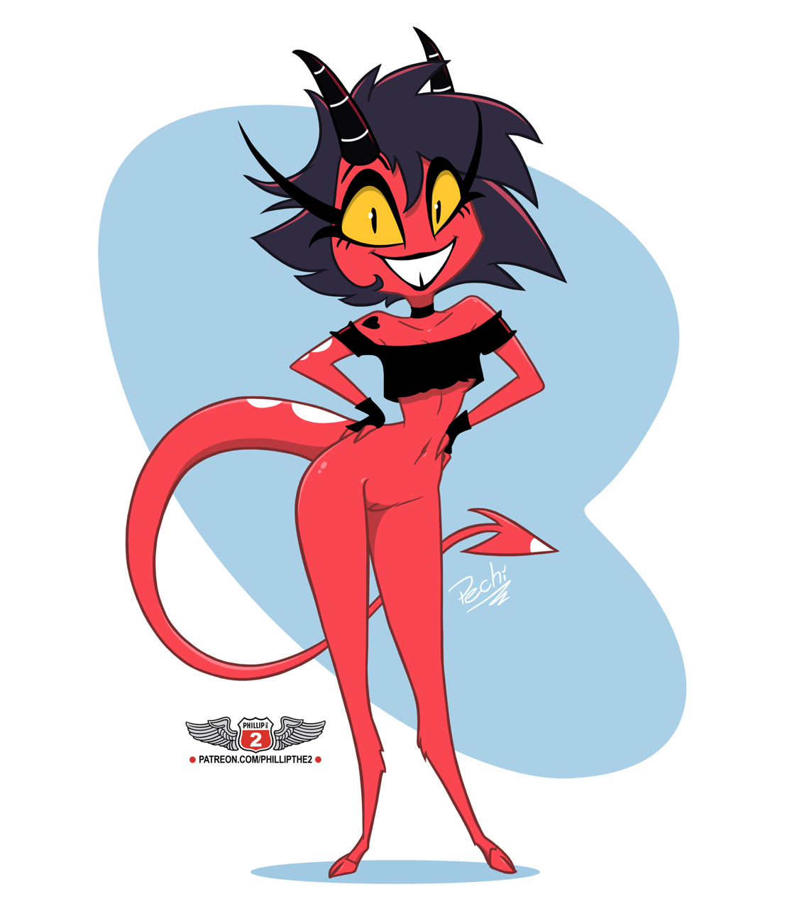 1girls, bottomless, bottomless female, crop top, demon horns, demon tail, female, helluva boss, horns, millie (helluva boss), off shoulder, pechi, pussy, red skin, simple background, smiling, vulva, yellow eyes