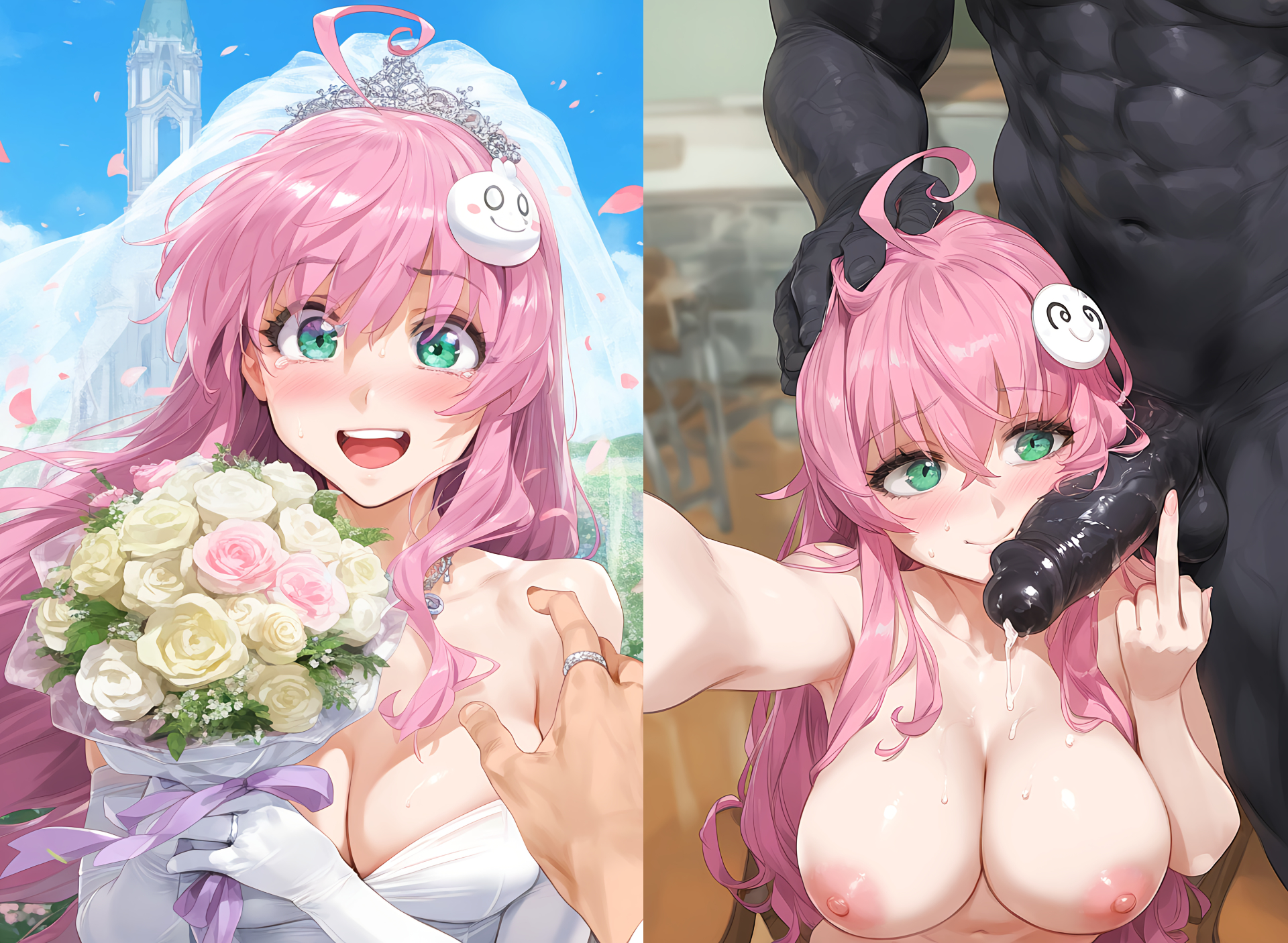 1girls, 2boys, ai generated, bad end, blush, breasts, broken rape victim, cheating, cheating on wedding day, clothing, cock worship, corruption, cuckold, dark skin, dark-skinned male, female, femsub, green eyes, lala satalin deviluke, large breasts, lewdqueen, looking at viewer, male, mind break, netorare, ntr, penis, pink hair, rape, smile, to love-ru, uncensored, wedding veil