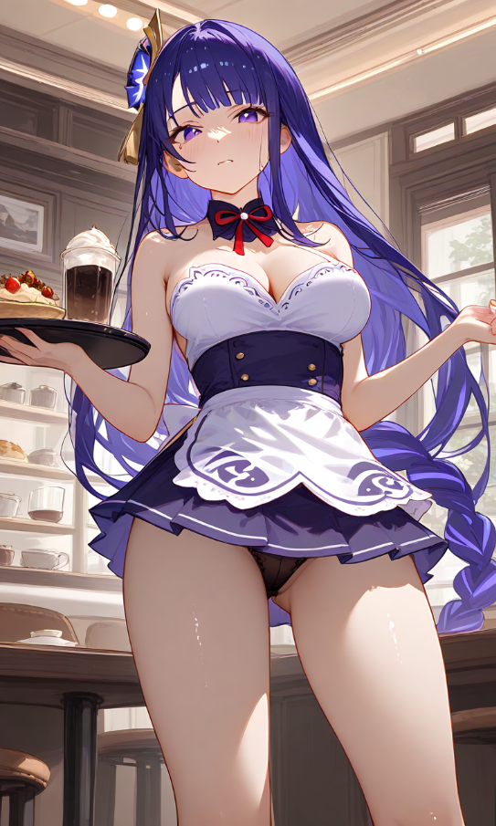 ai_generated genshin_impact panties raiden_shogun waitress waitress_uniform