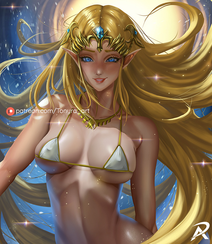 bikini blonde_hair blue_eyes freckles hylian hylian_ears long_hair nintendo pointy_ears princess_zelda royalty tagme the_legend_of_zelda tonyraart zelda_(twilight_princess)