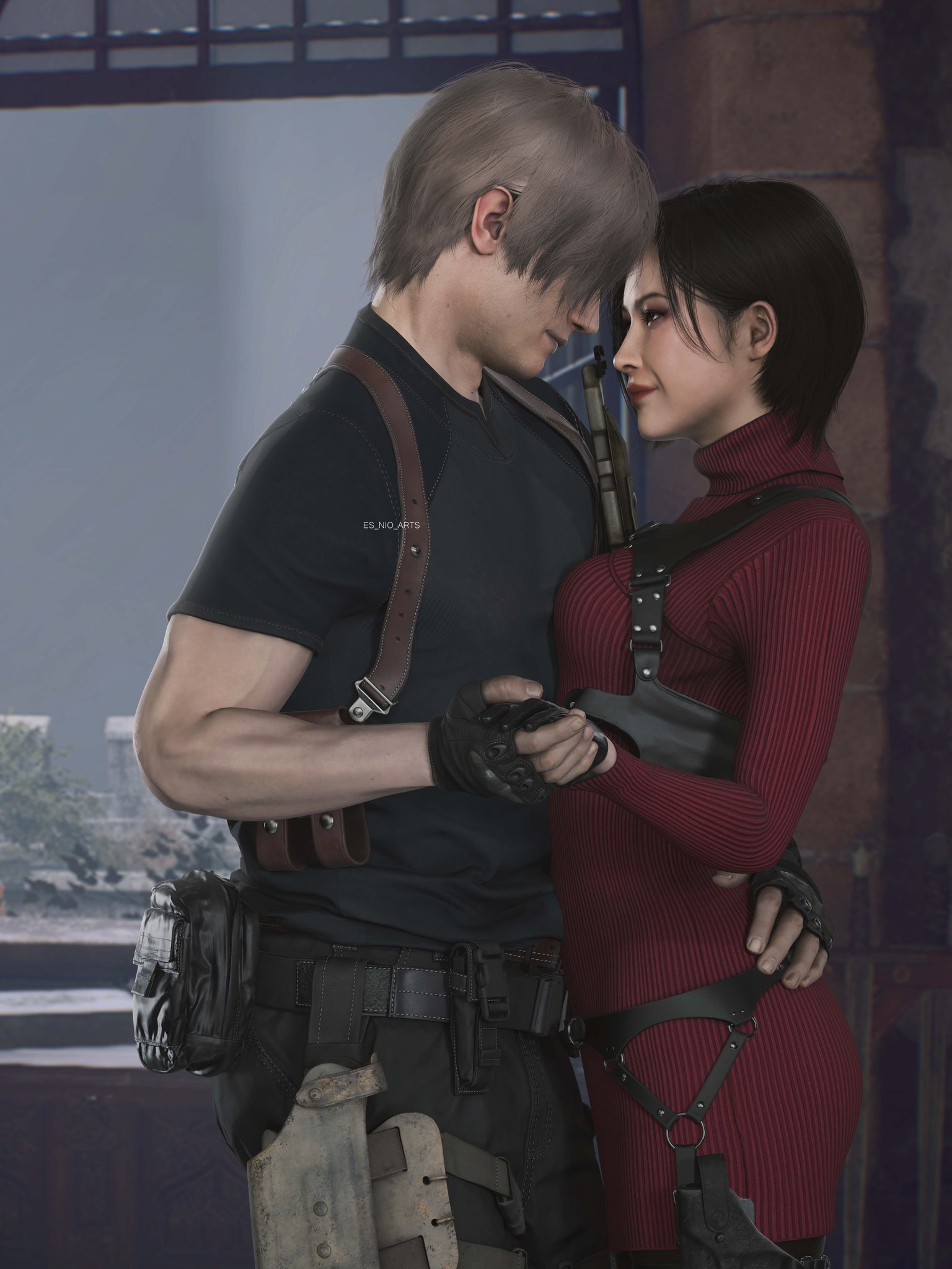 1boy, 1girls, 3d, ada wong, asian, asian female, ass, black gloves, black hair, bob cut, breasts, embrace, es nio arts (artist), female, fingerless gloves, gloves, holding hands, hugging, leather gloves, leon scott kennedy, lipstick, looking at partner, male, resident evil, resident evil 4, resident evil 4 remake, side view, skirt, slim waist, tight clothing, wholesome