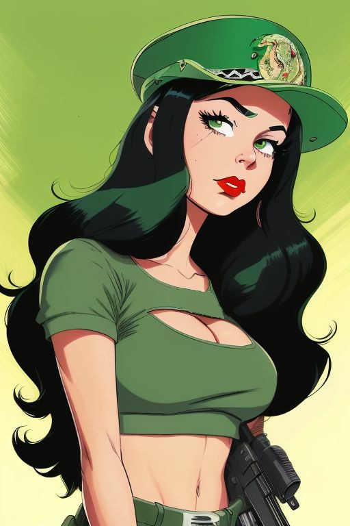 ai_generated american_dad army army_cap army_girl army_uniform assault_rifle black_hair boob_window colombian colombian_army_soldier_1 colombian_female crop_top edited looking_at_viewer pin_up red_lipstick soldier