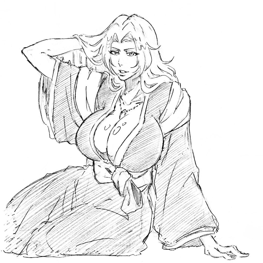 1girls, big breasts, bleach, bleach: sennen kessen-hen, breasts, cleavage, female, female only, large breasts, long hair, matsumoto rangiku, rakusakugk, solo