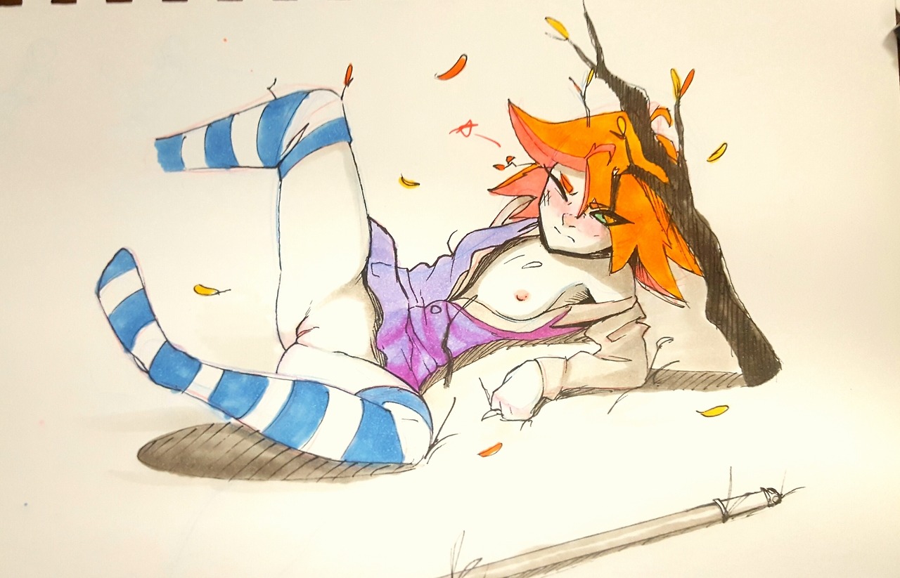 1girls, amanda o'neill, breasts, breasts out, clothed, female, green eyes, little witch academia, orange hair, partially clothed, pink hair, pudgeruffian, pussy, small breasts, two-tone hair, uncensored