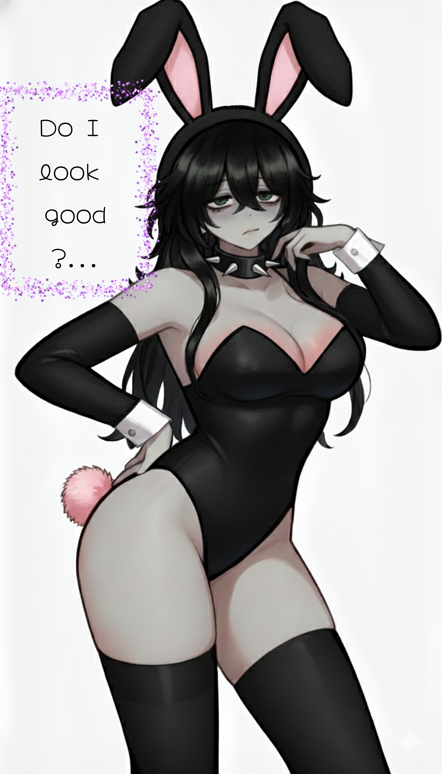 1girls, ass, big breasts, big thighs, black hair, breast blush, breasts, bunny ears, bunny tail, bunnysuit, choker collar, cleavage, clothing, eyebags, green eyes, grey body, hand on hip, oc, realistic proportions, roblox, robloxian, self upload, sexy pose, sleeves, text, text box, text bubble, thighhighs, thighs, tired look, undeadcrash, wavy hair