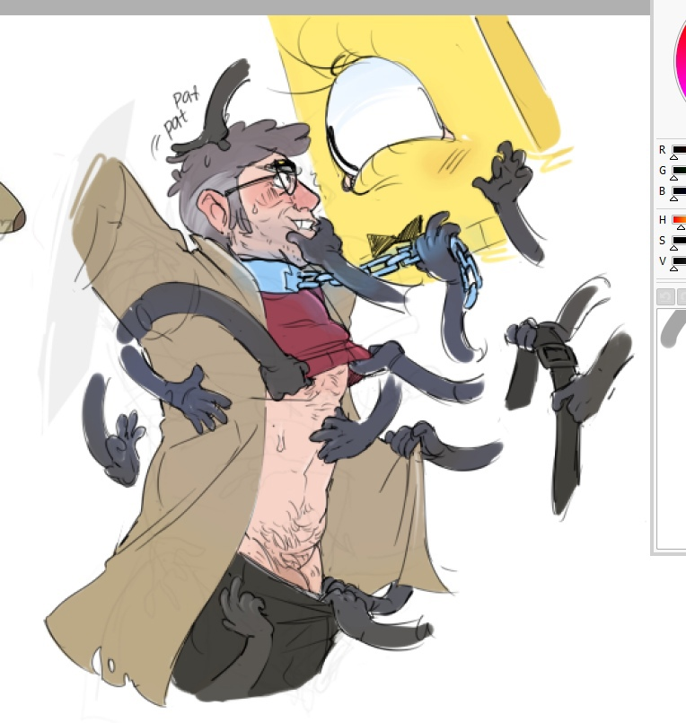 2boys bill_cipher billford body_hair bound chain_leash chin_grab dilf disembodied_hand duo gravity_falls grey_hair happy_trail headpat imminent_sex lowres male/male male_only mature mature_male old_man older_male stanford_pines undressing undressing_another