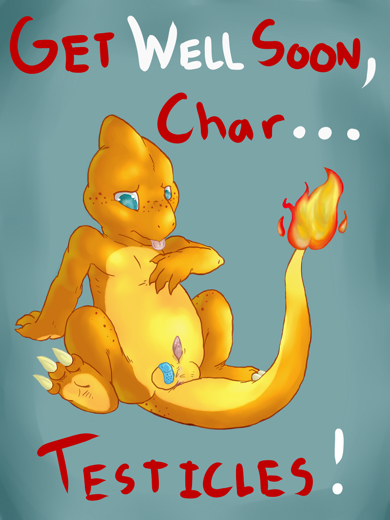 1boy balls bandaid blue_eyes char charmander english_text fire male male_only nintendo penis plain_background pokémon_(species) pokemon pokemon_rgby sarvix sitting solo sticking_plaster tail tail_fire tongue tongue_out