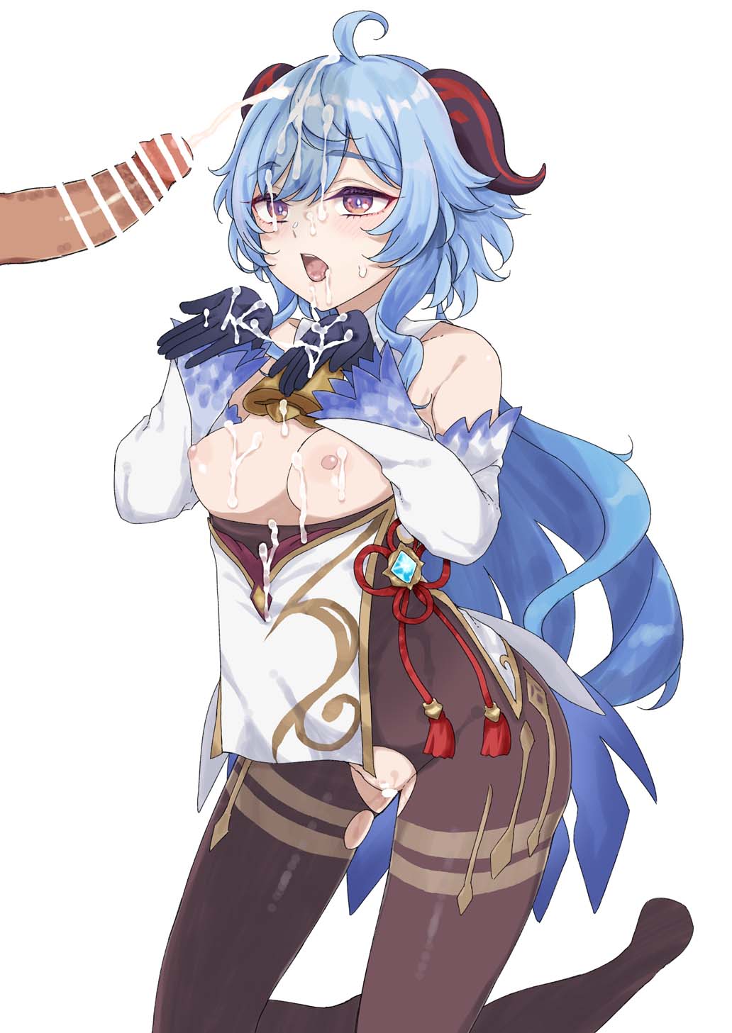 ahoge bar_censor bare_shoulders bell black_pantyhose blue_gloves blue_hair blush bow breasts breasts_out censored chinese_knot cum cum_on_body cum_on_breasts cum_on_clothes cum_on_hair detached_sleeves facial female flower_knot ganyu_(genshin_impact) genshin_impact gloves gold_trim highres hirota_masatane horns jewelry long_hair low_ponytail medium_breasts neck_bell nipples no_shoes open_mouth pantyhose penis purple_eyes sidelocks solo tassel thighlet thighs tongue torn_clothes torn_pantyhose vision_(genshin_impact) white_background white_sleeves