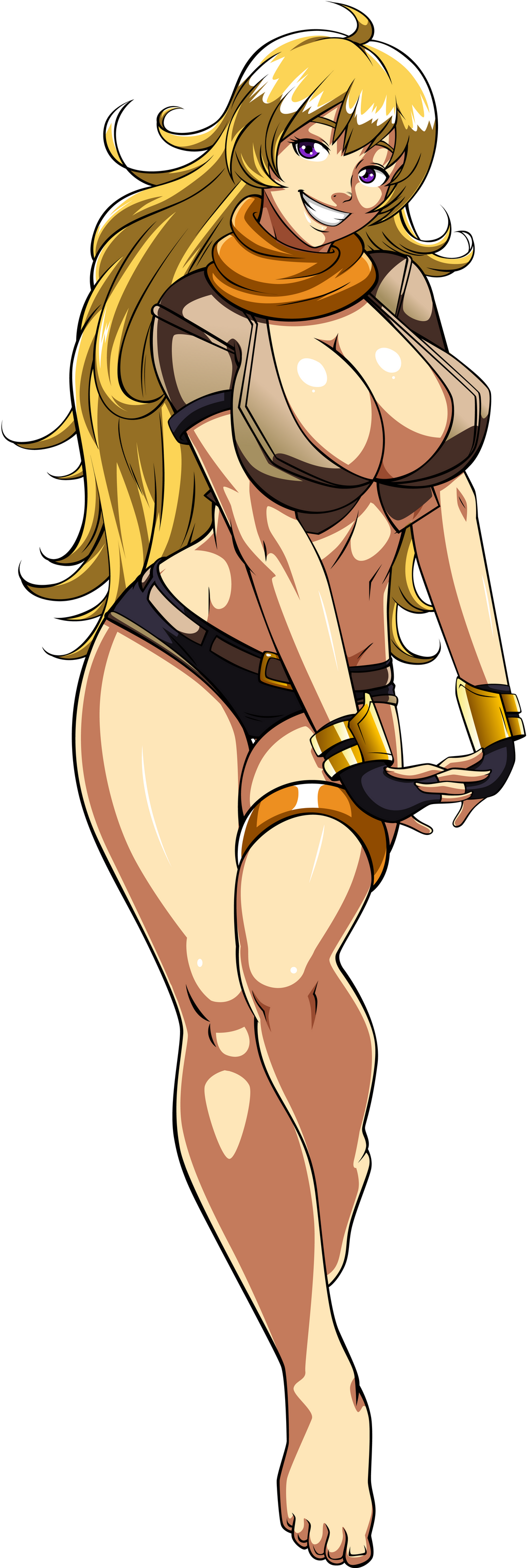 ahoge ale-mangekyo barefoot blonde_hair breasts cleavage clothing female female fingerless_gloves gloves grin large_breasts long_hair looking_at_viewer midriff navel orange_scarf purple_eyes rwby scarf shiny_skin short_shorts shorts smile solo thigh_strap thighs toes yang_xiao_long