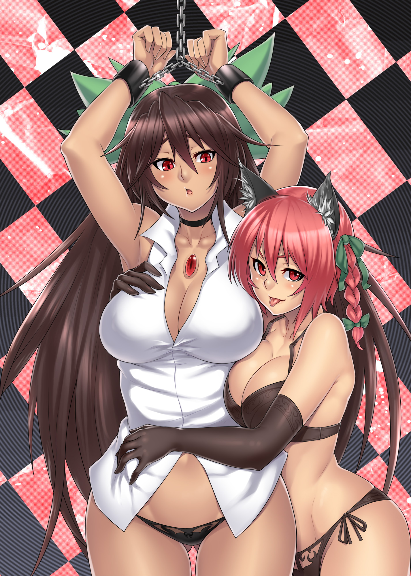 2girls, animal ears, bare shoulders, black hair, blush, bondage, bra, braid, breasts, brown hair, cat ears, chest gem, choker, cleavage, dark skin, elbow gloves, female, gloves, height difference, highres, houtengeki, huge breasts, lingerie, long hair, multiple females, multiple girls, naughty face, panties, red eyes, red hair, rin kaenbyou, side-tie panties, tongue, touhou, underwear, utsuho reiuji, very long hair, yuri