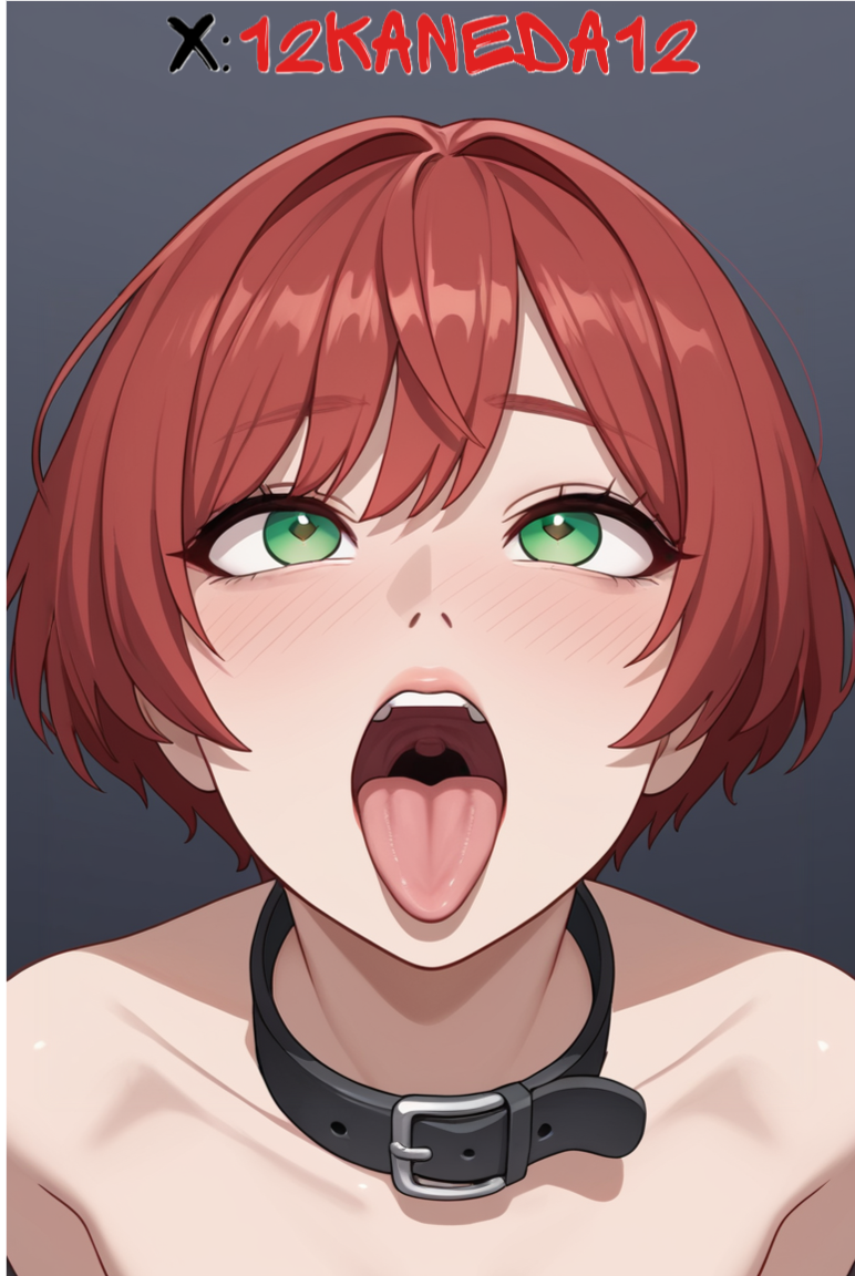 1girls ai_generated eyes_rolling_back face_focus green_eyes open_mouth red_hair tongue_out watermark