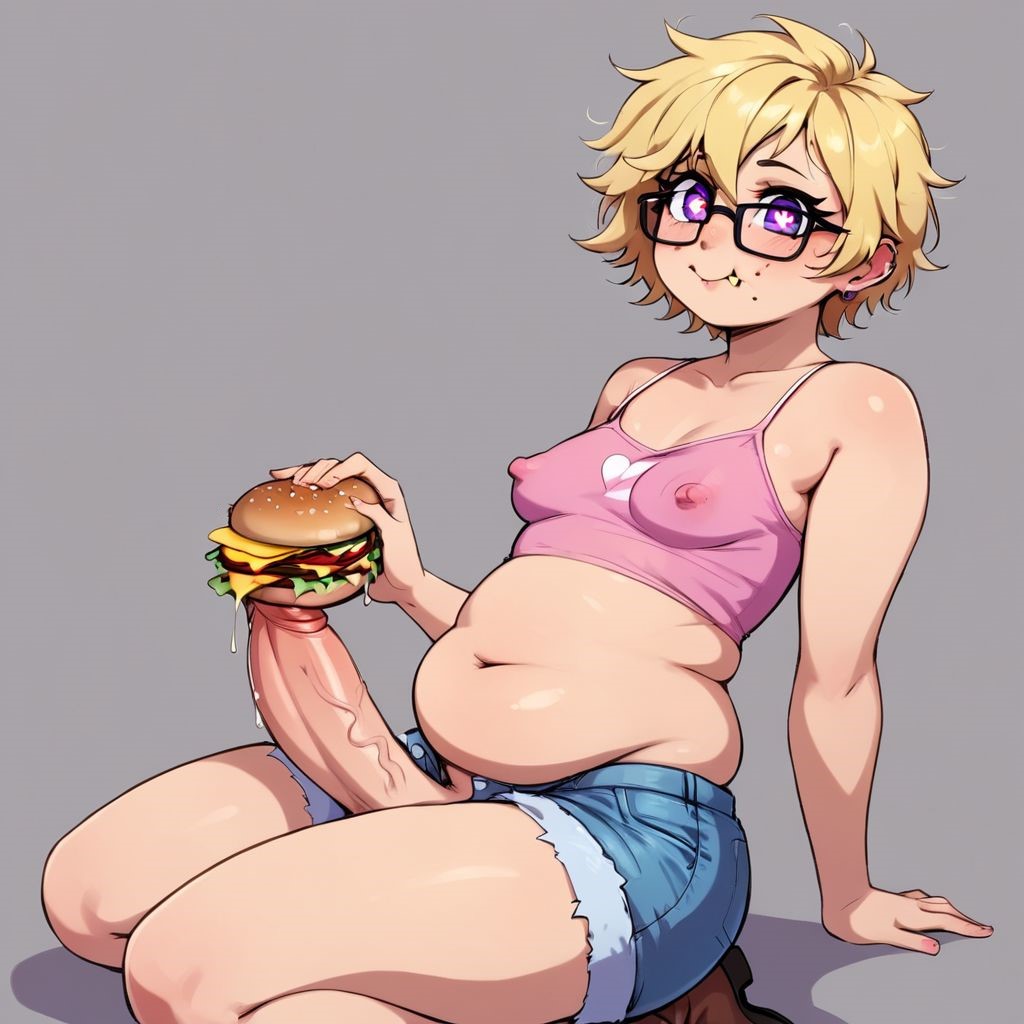 1boy ai_generated big_penis cheeseburger chubby civitai fat fat_man femboy food male male_only penis plump small_breasts solo sustaco