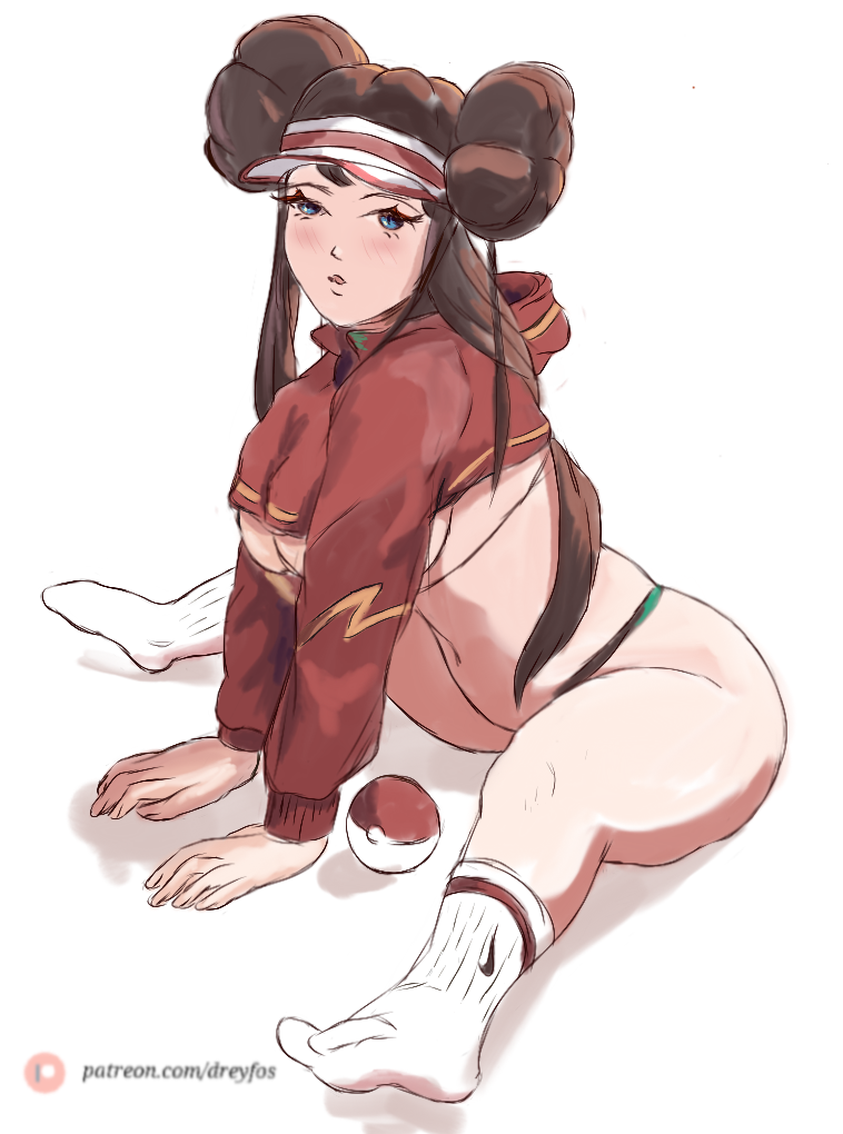 ass bad_anatomy bikini blue_eyes breasts brown_hair dreyfos female hood hoodie md5_mismatch pokemon pokemon_bw2 ponytail rosa_(pokemon) solo swimsuit thick_thighs thighs