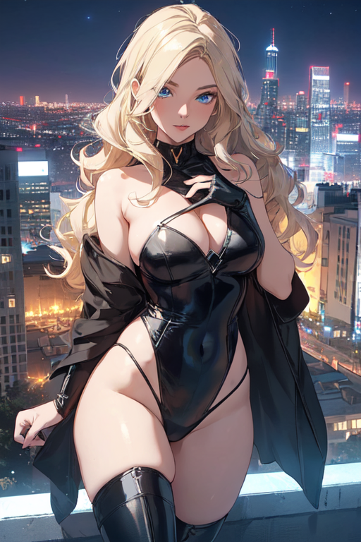 1girls ai_generated bare_shoulders black_canary blonde_hair blue_eyes city city_background cleavage clothing_cutout female futuristic long_hair night thick_thighs