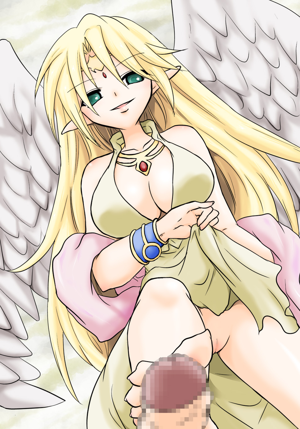 angel angel_wings artist_request blonde_hair breasts censored cleavage feet femdom footjob green_eyes highres ilias large_breasts monster_girl_quest penis pointy_ears pussy wings