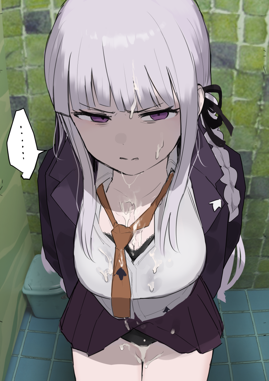 1girls black_bra black_panties black_ribbon bra bra_peek braid breasts clothes_lift collared_shirt cum cum_on_clothes cum_on_hair danganronpa:_trigger_happy_havoc danganronpa_(series) disgust facial female hair_ribbon highres hime_cut jacket kirigiri_kyoko kirigiri_kyouko long_hair long_sleeves looking_at_viewer necktie open_clothes open_jacket panties purple_eyes restroom_stall ribbon samidare_(hoshi) shirt side_braid skirt skirt_lift solo toilet_stall underwear