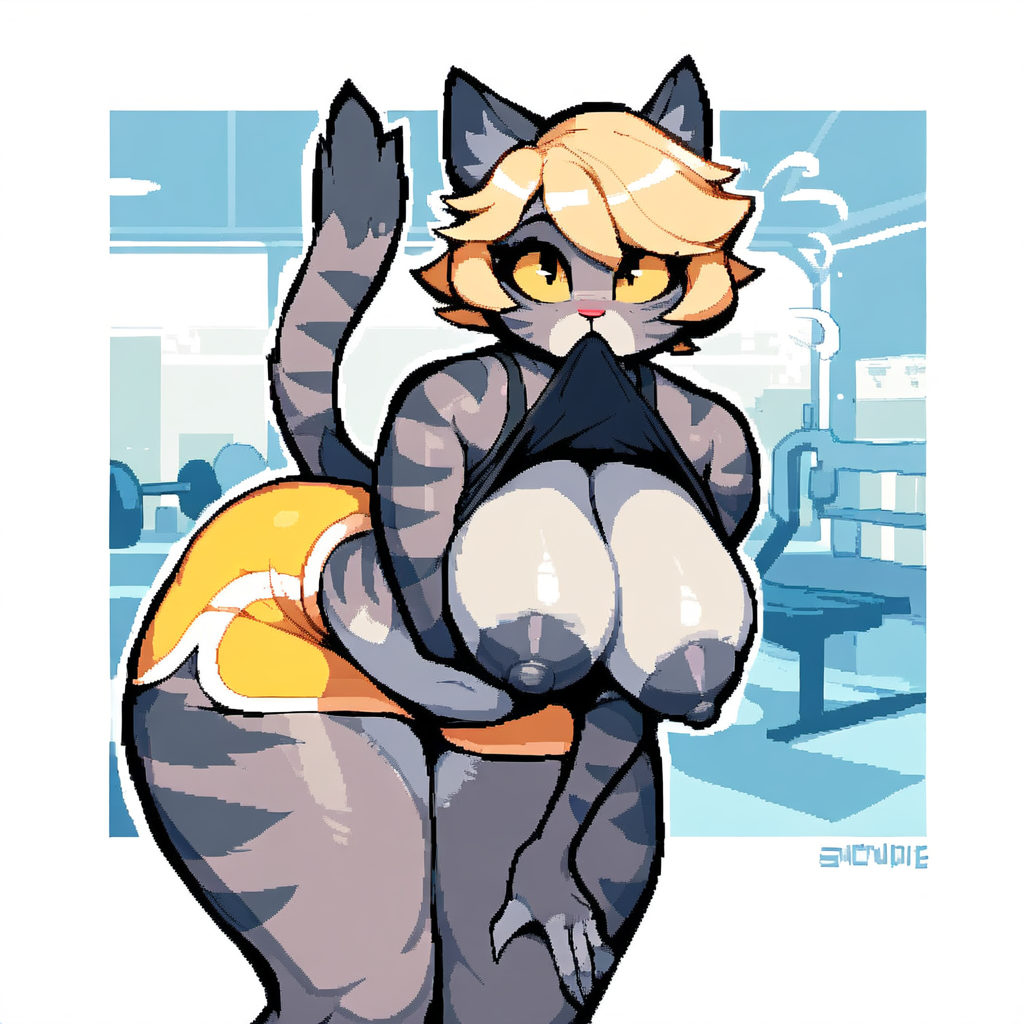 ai_generated bending_forward big_ass big_breast big_butt blonde_hair cellulite curvaceous feline female furry furry_female gray_fur gym gym_clothes gym_shorts looking_at_viewer nipples oc original original_character puffy_nipples seductive short_hair sweating tail