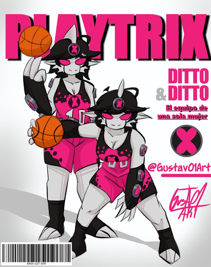 2_girls 2females 2girls alien alien_girl barcode basketball basketball_(ball) basketball_uniform ben_10 chaquetrix ditto ditto_(ben_10) female female_only gustav01art magazine magazine_cover pink_eyes solo solo_female splixson text