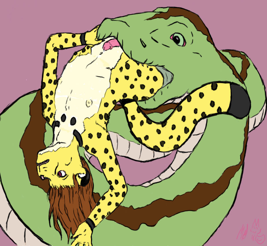 anthro cheetah feline fur furry kiba male nayokoventila open_mouth size_difference snake vore