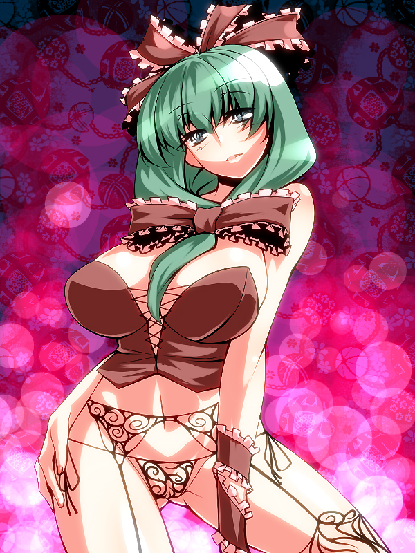 1girls bow breasts bustier corset female garter_belt green_hair kagiyama_hina large_breasts long_hair panties solo thighhighs touhou tro underwear