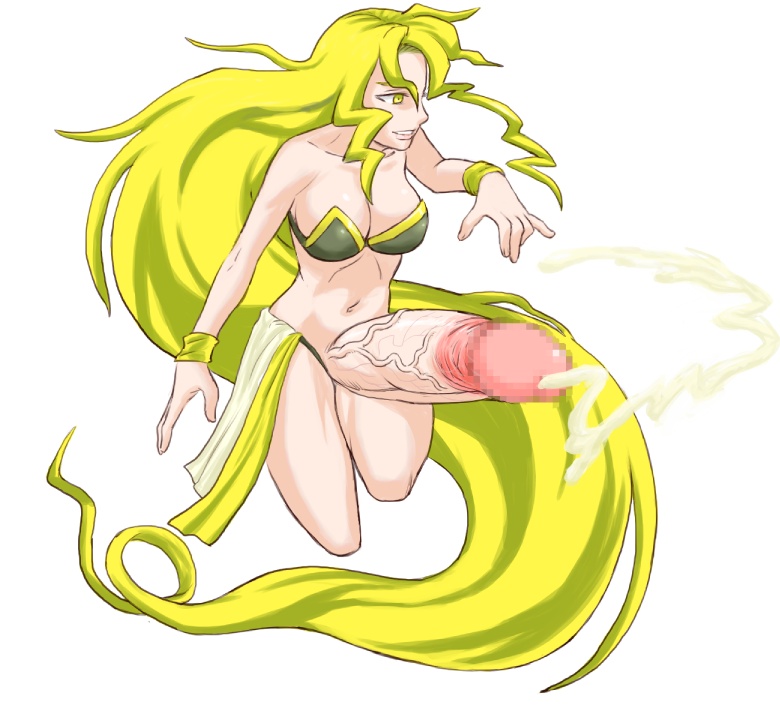 barbariccia bare_shoulders big_breasts bikini bikini_top blonde_hair breasts censored cleavage cum ejaculation final_fantasy final_fantasy_iv futanari hair huge_cock intersex large_breasts long_hair maruchiro navel penis solo_futa swimsuit veiny veiny_penis very_long_hair wristband yellow_eyes