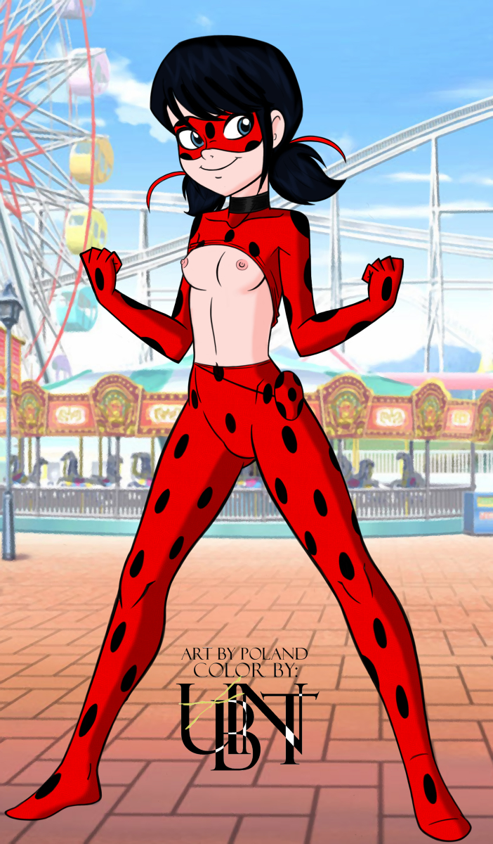 1girls 2d 2d_(artwork) artist_logo blue_eyes blue_hair costume domino_mask exposed_breasts eye_mask female female_only ladybug_(character) marinette_dupain-cheng miraculous:_tales_of_ladybug_and_cat_noir miraculous_ladybug pigtails poland_(artist) shirt_lift signature smile solo superheroine text tied_hair ubnt