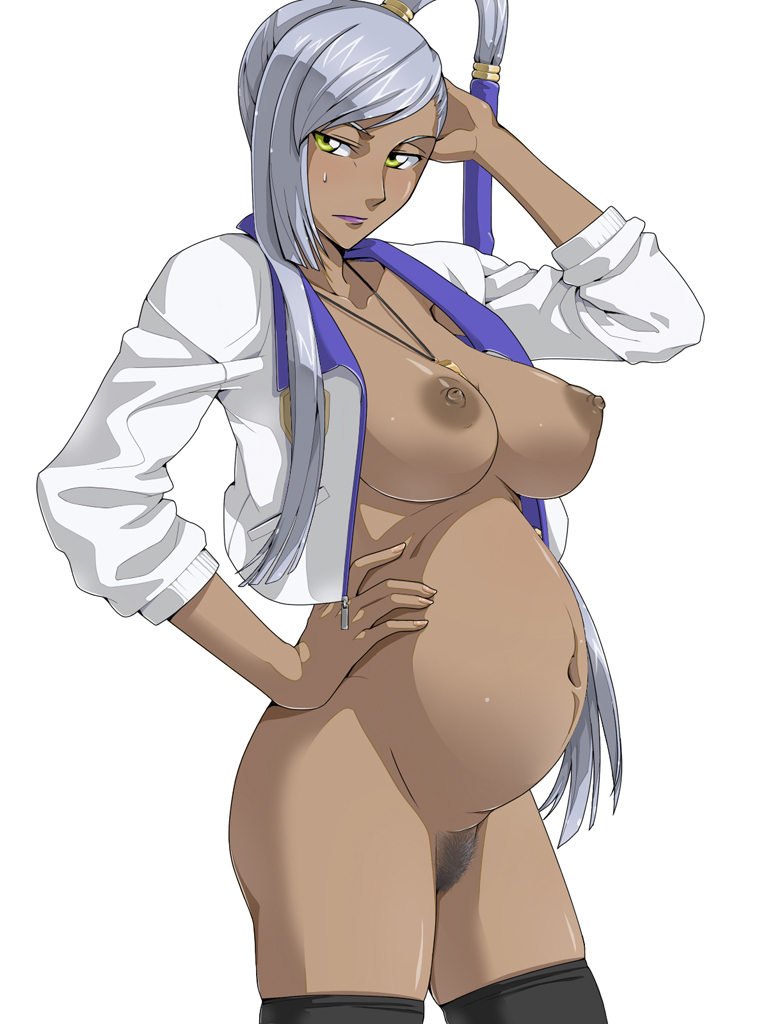 big_areola big_breasts black_legwear blush bottomless breasts brown_skin code_geass dark-skinned_female dark_skin fingernails hair hand_on_hip hips invide jacket jewelry large_breasts lipstick long_hair makeup naked_thighhighs nipples no_bra nude open_clothes open_jacket pendant perky_breasts pregnant pubic_hair puffy_areola side_ponytail silver_hair sleeves_pushed_up solo standing sweat sweatdrop thighhighs villetta_nu whistle yellow_eyes