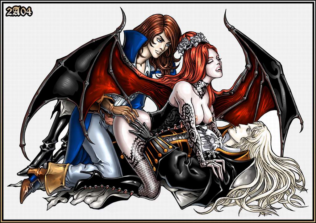 2boys alucard_(castlevania) anal androgynous bat_wings bent_over blue_eyes boots breasts bridal_gauntlets brown_hair candra cape castlevania castlevania:_symphony_of_the_night choker closed_eyes clothed_sex corset cowgirl_position demon_girl double_penetration fishnet_legwear fishnets flower gangbang group_sex hair_flower hair_ornament high_heels knee_boots lace lips lipstick long_hair lying makeup nipples no_bra on_back pale_skin red_hair richter_belmont sex shoes straddle succubus succubus_(castlevania) thighhighs threesome trenchcoat vaginal_penetration vampire white_hair wings