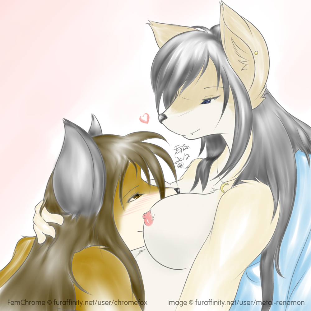 2012 anthro breasts canine chromefox cuddling female femchrome fluffy fox fur furry metal-renamon nipples nuzzle wolf