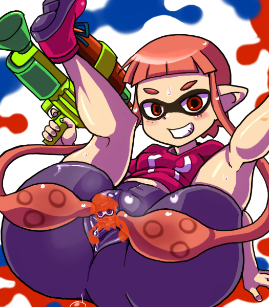 anthro ass big_ass bike_shorts blush breasts cameltoe censored censored_pussy clitoris clothed clothed_female clothing domino_mask erect_clitoris female hair humanoid inkling inkling_girl inkling_squid long_hair nintendo orange_hair pointy_ears prehensile_hair red_eyes shorts simple_background small_breasts smile spats splatoon splattershot spread_legs spread_pussy spreading squid sweat teeth tentacle tentacle_hair tied_hair twintails