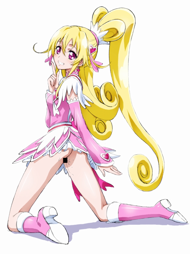 aida_mana blonde_hair censored clothing cure_heart dokidoki!_precure female grin half_updo index_finger_raised kaishaku kneeling long_hair looking_back magical_girl no_panties pink_eyes ponytail precure pretty_cure pussy_juice shadow simple_background small_breasts smile solo tied_hair white_background