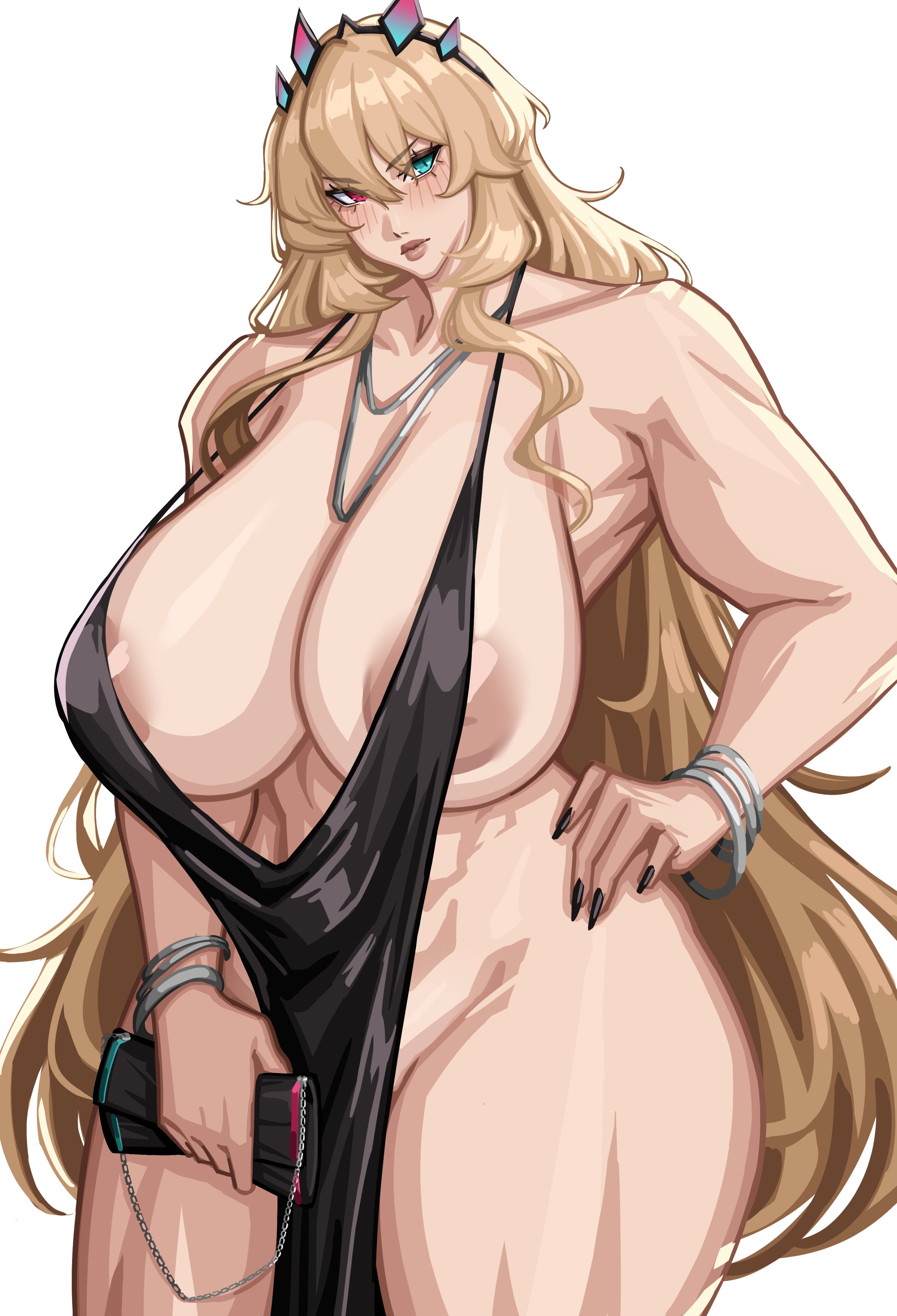 1girls, alecto 0, areola slip, areolae, armwear, barghest (gawain) (fate), big breasts, black dress, blonde hair, bracelet, breasts, cleavage, clothing, cocktail dress, dress, fate (series), female, female only, green eyes, hair, hand on hip, heterochromia, hips, holding object, holding purse, huge breasts, large breasts, long hair, muscles, muscular, muscular female, necklace, neckwear, pelvic curtain, purse, red eyes, revealing clothes, skimpy, skimpy clothes, solo, solo female, thick thighs, thighs, wide thighs