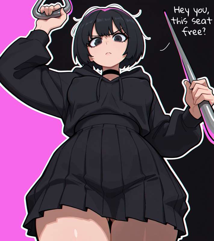 1girls, a.mikusa, black clothing, black hair, brat girl (a.mikusa), breasts, choker, female, hoodie, looking at viewer, looking down, looking down at viewer, medium breasts, perky breasts, pole, short hair, skirt, solo, thick thighs, thigh gap, train interior, tsundere