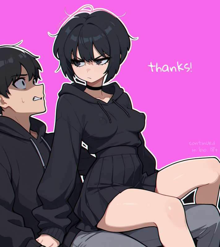 1boy, 1girls, a.mikusa, black clothing, black hair, brat girl (a.mikusa), breasts, choker, female, hoodie, male, medium breasts, nervous male, nervous sweat, no bra, perky breasts, short hair, sitting on lap, sitting on person, skirt, thick thighs, thigh gap, train interior, tsundere