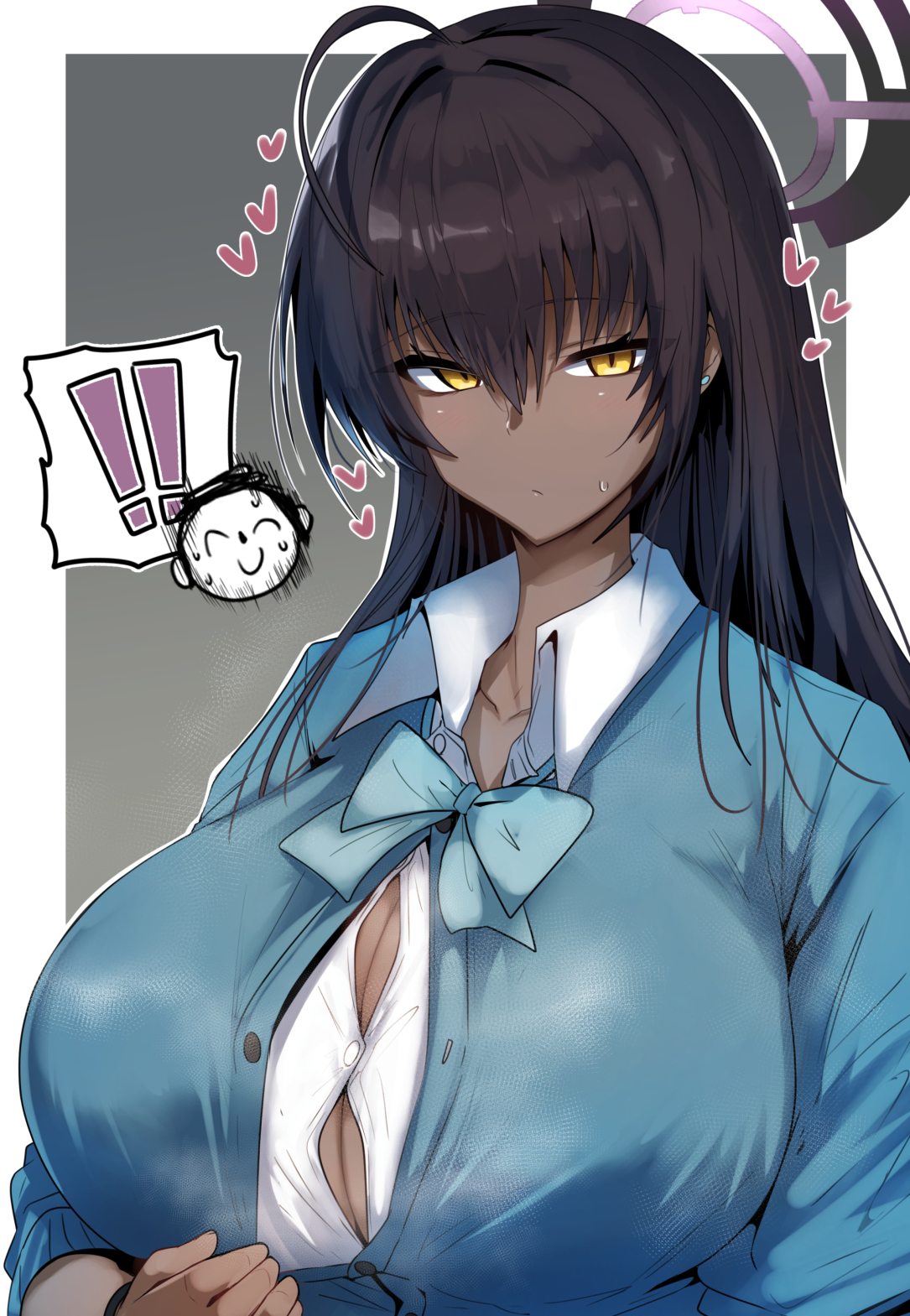 !, !!, 1girls, ahoge, black hair, blue archive, blue bow, blue bowtie, blue cardigan, border, bow, bowtie, breasts, bursting breasts, cardigan, center opening, cleavage, closed mouth, collared shirt, commentary request, dark skin, dark-skinned female, doodle sensei (blue archive), expressionless, female, gin moku, grey background, hair between eyes, halo, heart, highres, huge breasts, karin (blue archive), karin (school uniform) (blue archive), large breasts, long hair, looking at viewer, outside border, sensei (blue archive), shirt, simple background, solo, spoken character, spoken exclamation mark, sweatdrop, upper body, white border, white shirt, yellow eyes