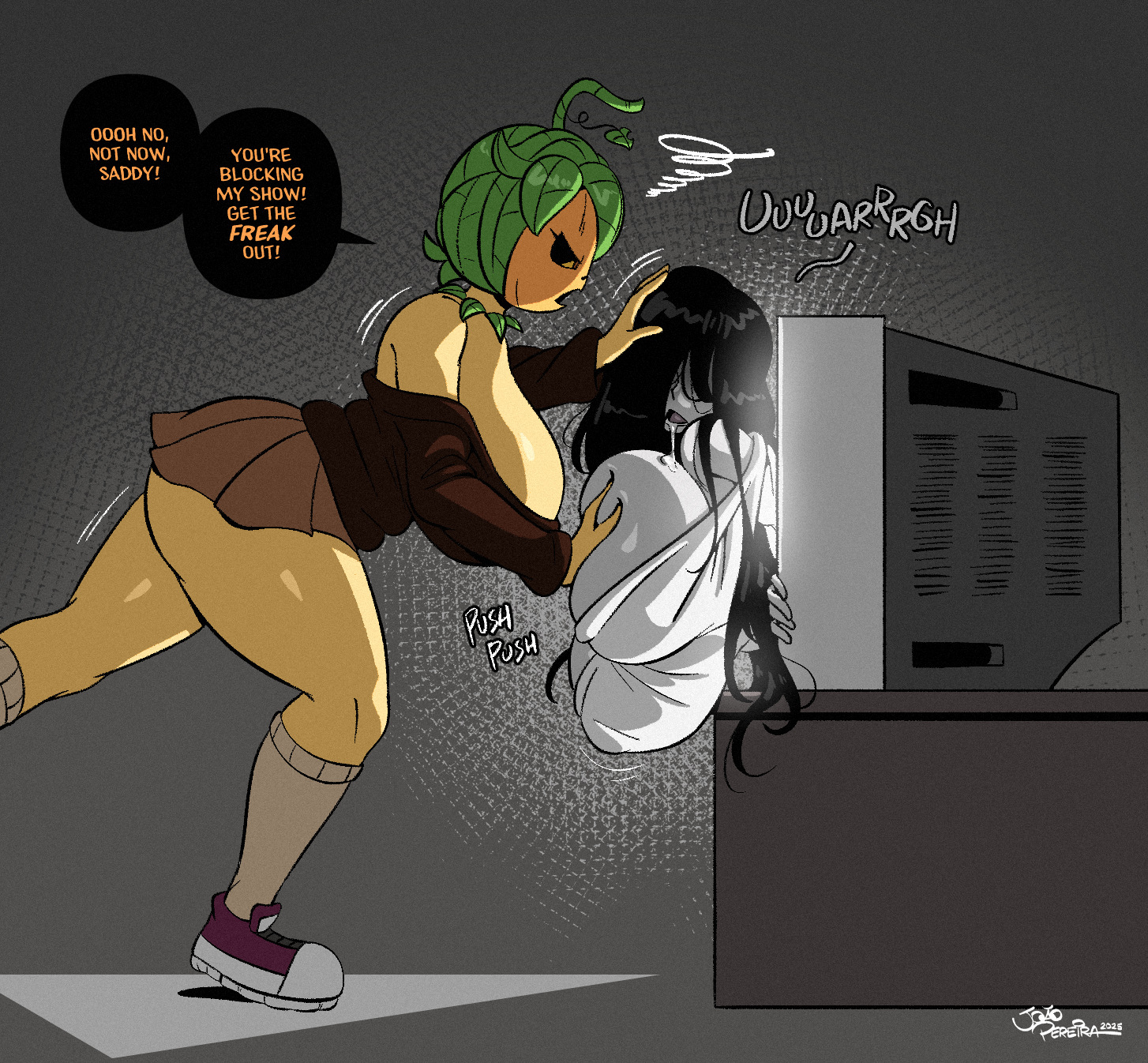 2025, angry, big breasts, black hair, bodily fluids, breast grab, breasts, cleavage, clothed, clothing, electronics, elemental creature, elemental humanoid, english text, female, flora fauna, for a head, hair, hair over eyes, halloween, hand on breast, hi res, holidays, huge breasts, human, humanoid, joaoppereiraus, mammal, nipple outline, object head, plant, plant humanoid, pumpkin head, pumpky (joaoppereiraus), pushing, pushing breasts, pushing head, sadako yamamura, saliva, simple background, speech bubble, television, text, the ring, thick thighs, yamamura sadako