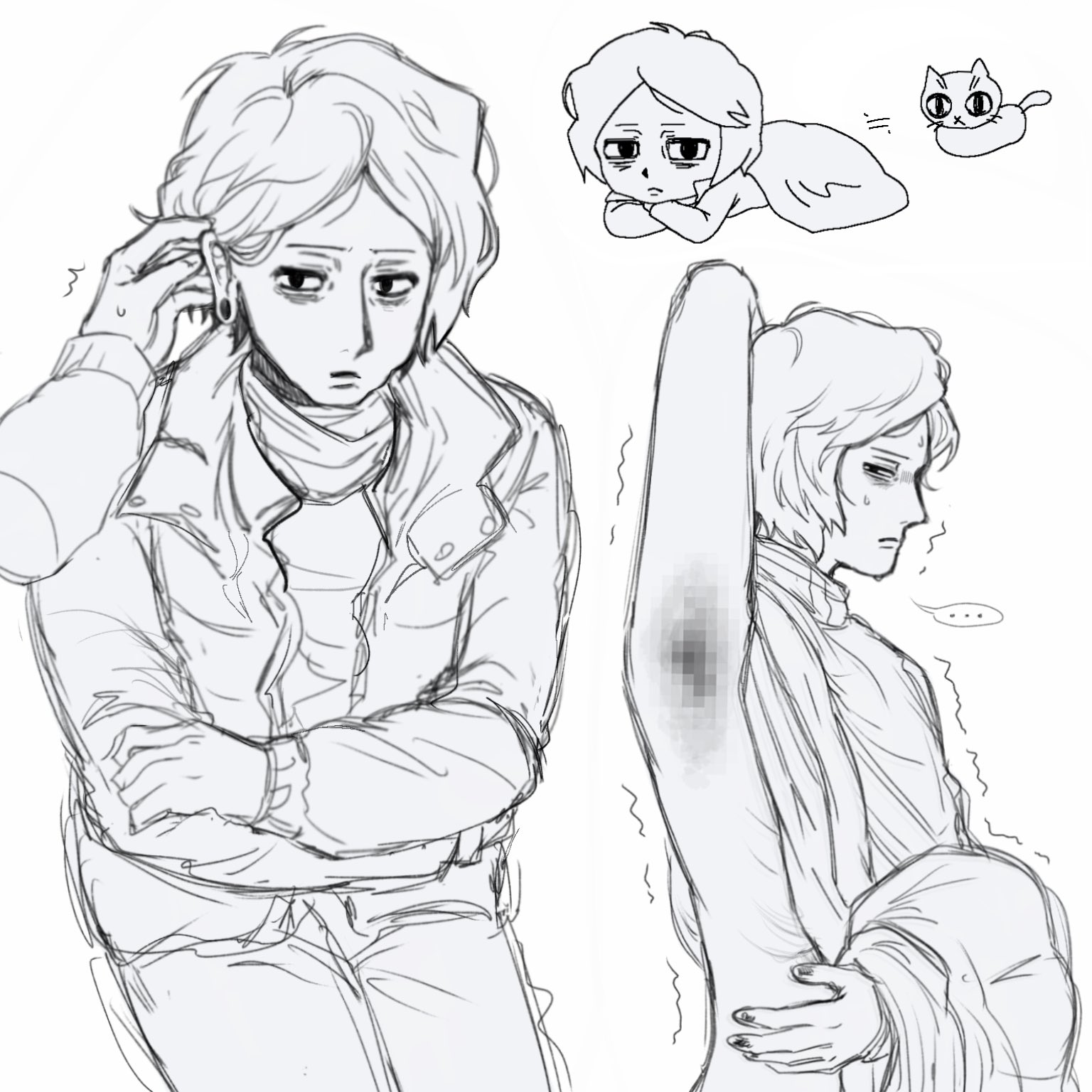 annoyed, arm up, armpit, armpit fetish, bags under eyes, coat guy (no, i'm not a human), embarrassed, gauged ear, looking at viewer, male, male only, monochrome, mosaic censoring, necochan100, no, i'm not a human, protagonist (no, i'm not a human), shivering, solo focus, sweatdrop, twink