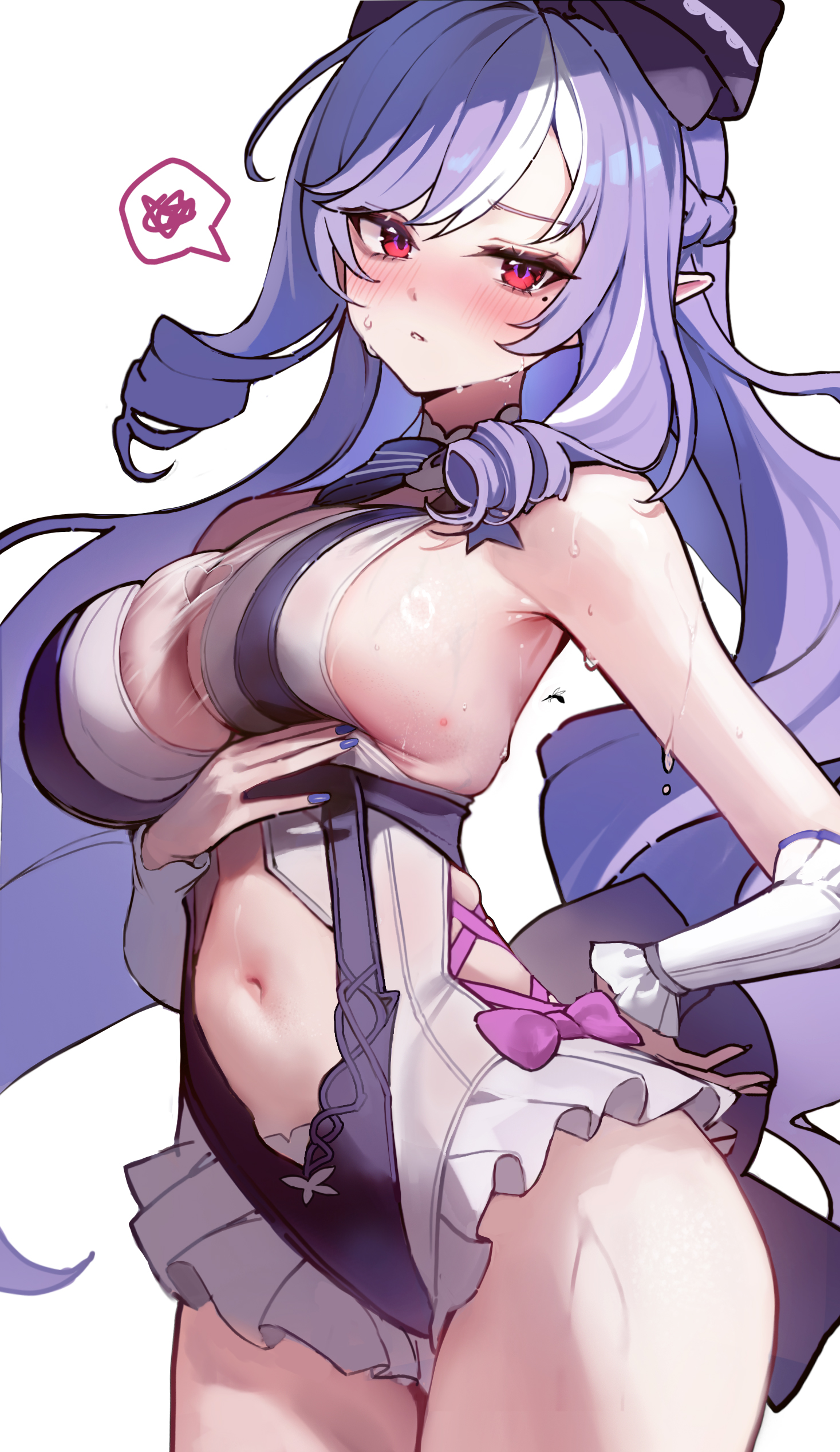 1girls, breasts, exposed breasts, female, hoyoverse, legs, long hair, mihoyo, official alternate costume, purple hair, red eyes, swimsuit, vivian banshee, vivian banshee (iris of the shore), white swimsuit, yuna pang, zenless zone zero