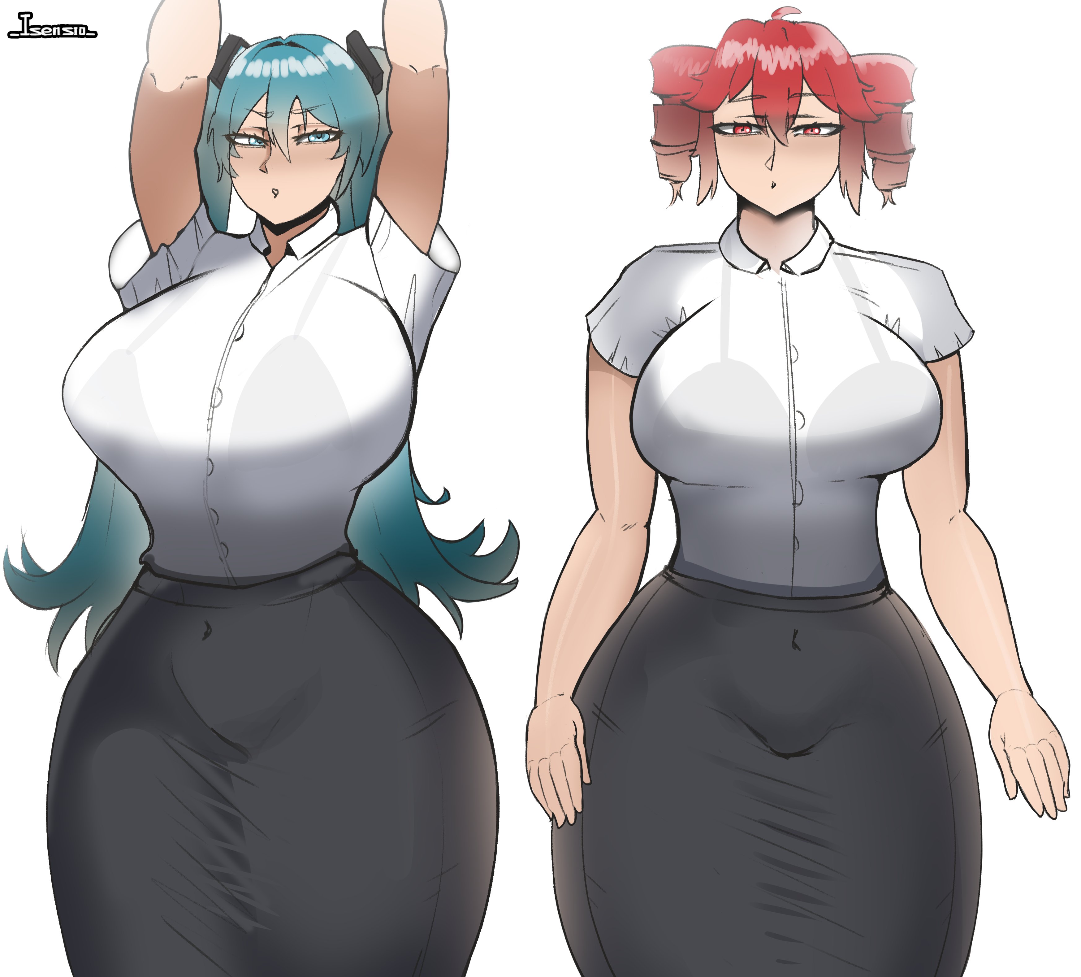2d, 2d (artwork), 2girls, ahoge, alternate breast size, aqua eyes, aqua hair, arms up, artist name, belly, belly bulge, big breasts, big thighs, black skirt, blouse, blue eyes, blue hair, bra, bra visible through clothes, breasts, breasts bigger than head, breasts bigger than torso, clothed, clothed female, clothing, curvaceous, curvy, curvy female, curvy figure, dot mouth, drill hair, female, female only, fully clothed, gigantic breasts, hair ornament, half-closed eyes, hatsune miku, hips wider than shoulders, hourglass figure, huge breasts, huge thighs, hyper breasts, isensio, kasane teto, large breasts, large thighs, long hair, looking at viewer, massive breasts, massive thighs, multiple girls, navel, navel visible through clothes, office lady, pencil skirt, red eyes, red hair, seductive, seductive look, see-through, see-through clothing, see-through shirt, shirt, short sleeves, simple background, skirt, slim waist, thick thighs, thighs, thighs bigger than head, thighs bigger than torso, tight clothing, tight skirt, twin drills, twintails, utau, vocaloid, voluptuous, voluptuous female, white background, white shirt, wide hips