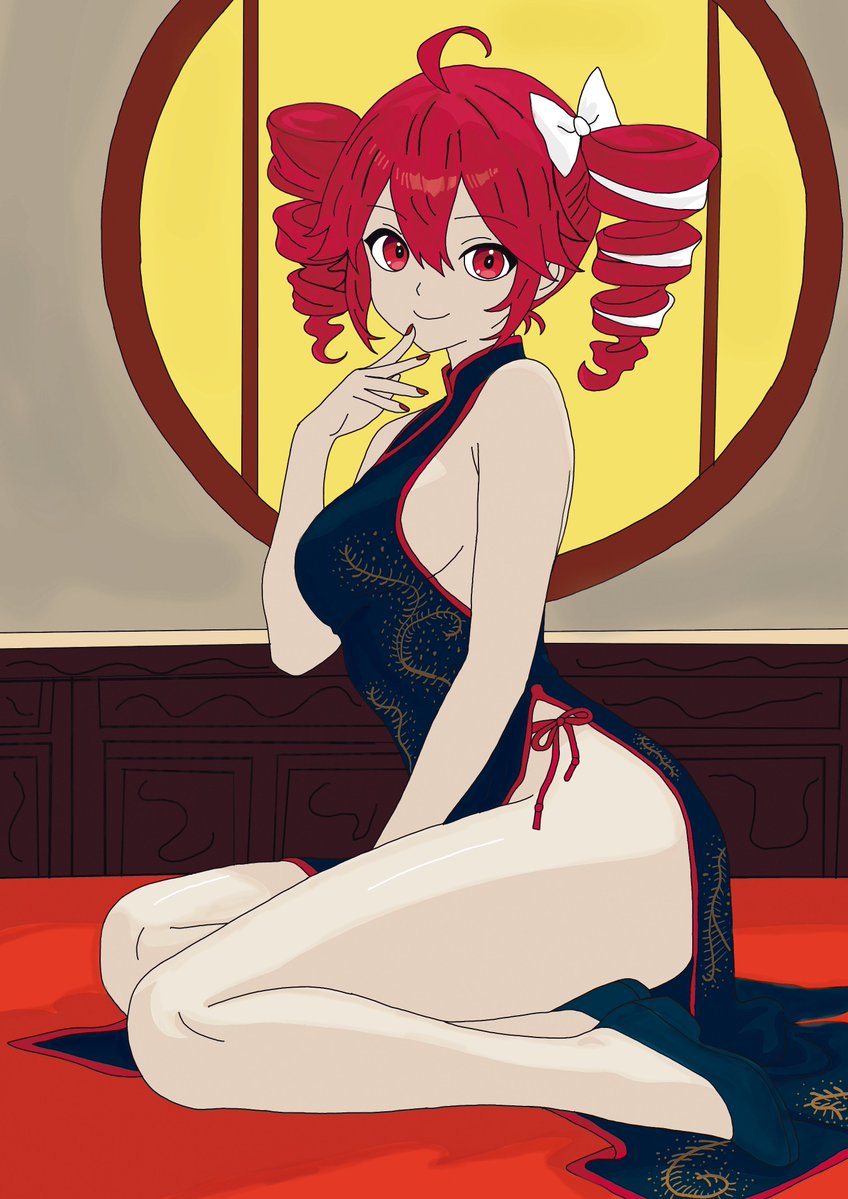 1girls, 2d, 2d (artwork), ahoge, ass, big thighs, breasts, chinese clothes, chinese dress, clothed, clothed female, clothing, curvaceous, curvy, curvy female, curvy figure, dress, female, female only, hair ornament, hairbow, hand on face, heels, kasane teto, kasane teto (sv), large thighs, looking at viewer, majorga24794941, medium breasts, nail polish, no bra, no panties, painted nails, petite, petite body, petite female, red eyes, red hair, red nails, seductive, seductive pose, shiny skin, side view, sideboob, simple coloring, simple shading, sitting, skinny, skinny female, slim female, slim waist, smile, solo, solo female, synthesizer v, thick thighs, thighs, twin drills, utau